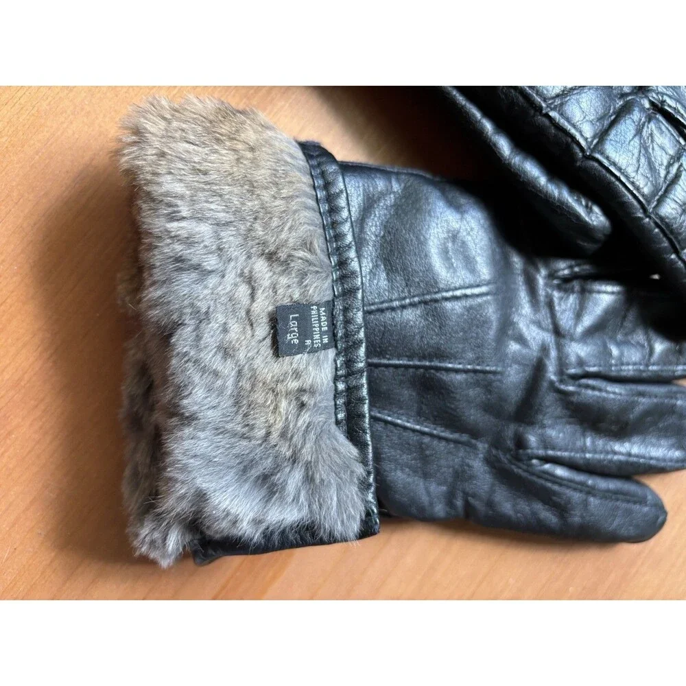 Leather Gloves Black Rabbit Fur Lined Women Large *Read